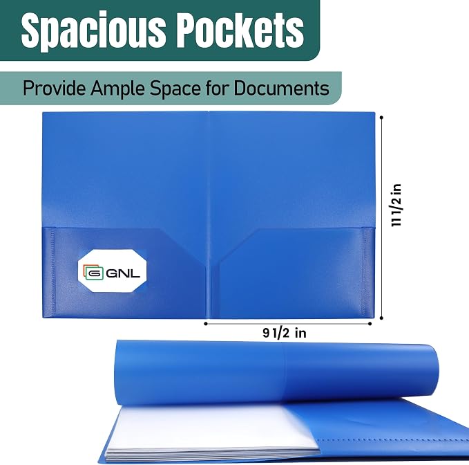 GNL Plastic Folders with Pockets, Pack of 5, Colored Heavy Duty 2 Pocket File Folders Letter Size, Pocket Folders for School, Home, and Office