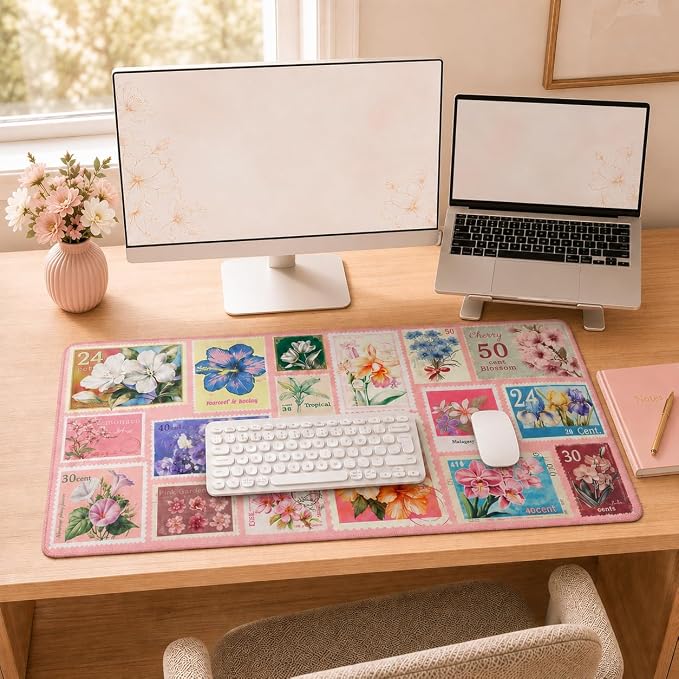 iCasso Floral Desk Pad Mat, XXL Large Mouse Pad, Pastel Pink | Anti-Slip Retro Mousepad with Stitched Edges, Computer Keyboard Mat for Desktop Decor, Aesthetic Office Desk Accessories
