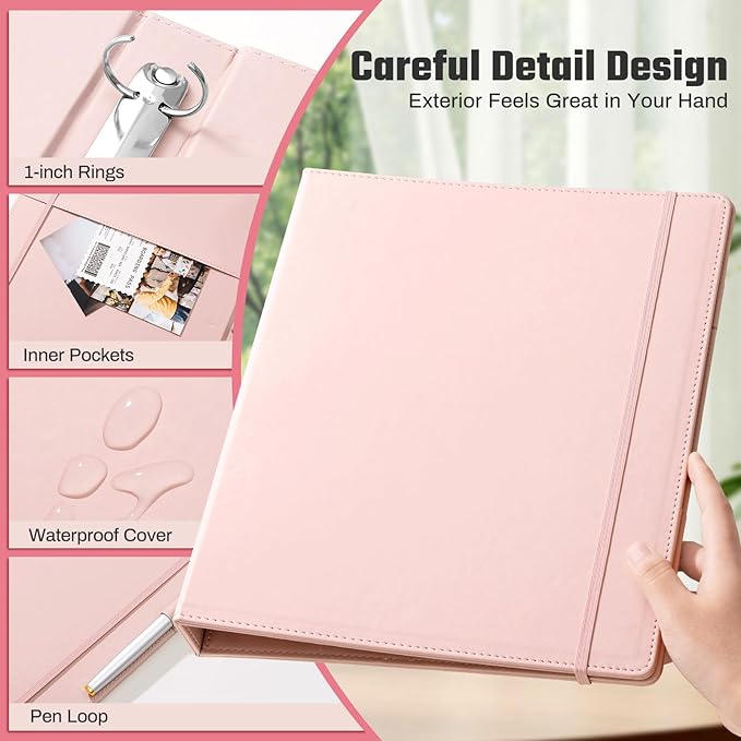 Pink 3 Ring 1 inch PU Leather Professional Binder Organizer with Dividers Suitable for 8.5 x 11 Letter Size Paper Cute Loose Leaf Binder with Pocket for School Work
