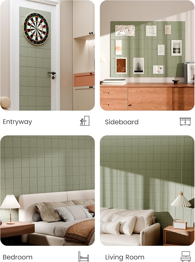 Bumusty 48" x 36" Large Cork Board Alternative, Sage | 12-Pack Felt Bulletin Board Tiles, 60 Adhesive Tabs, 30 Pushpins, Home, Office, Classroom, Vision Board