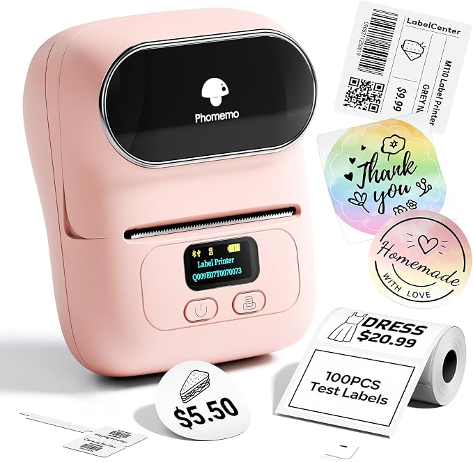 Phomemo M110 Label Printer, Portable Thermal Sticker Printer with Display | 2 Inch Pink Bluetooth Label Maker Easy to Use for Small Business, Home, School, Office, APP with 6000+ Templates