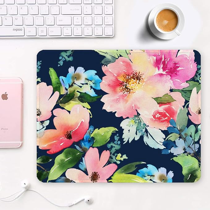 Auhoahsil Mouse Pad, 12 x 10 in Flowers Theme Computer Mouse Pad for Desk, Premium-Textured Non-Slip Rubber Stitched Edges Waterproof Square Mouse Mat for Gaming Work Wireless Mice, Black