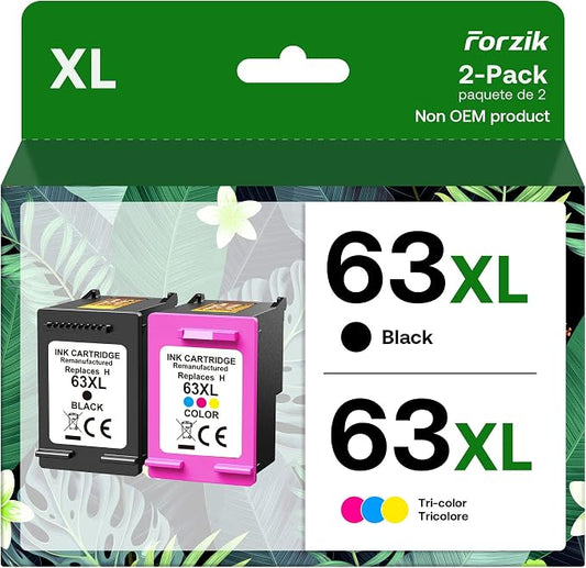Remanufactured 63XL Ink Cartridge Replacement for HP OfficeJet 3830 4650 4652 5255 Envy 4520 5540 DeskJet 1110 2130, Black, Tri-Color, 2-Pack