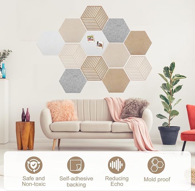 Hexagon Cork Board 12pcs with 110 Push Pins,Bulletin Board Decorative for Tiles Walls Office Room Decor Felt Vision CorkBoards for Home Pictures Photos Notes 12'' Hex