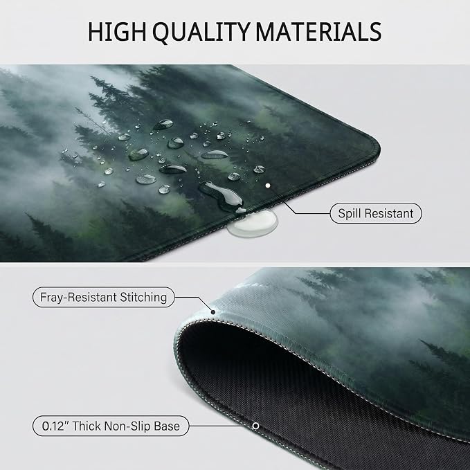 Auhoahsil Aerial Misty Forest Desk Mat, Ultra Large Full Desk Gaming Mouse Pad, Foggy Green Forest Landscape Extended Keyboard Pad, Nature Aesthetic Desk Pad for Home Office Gaming, 35.4"x 15.7"