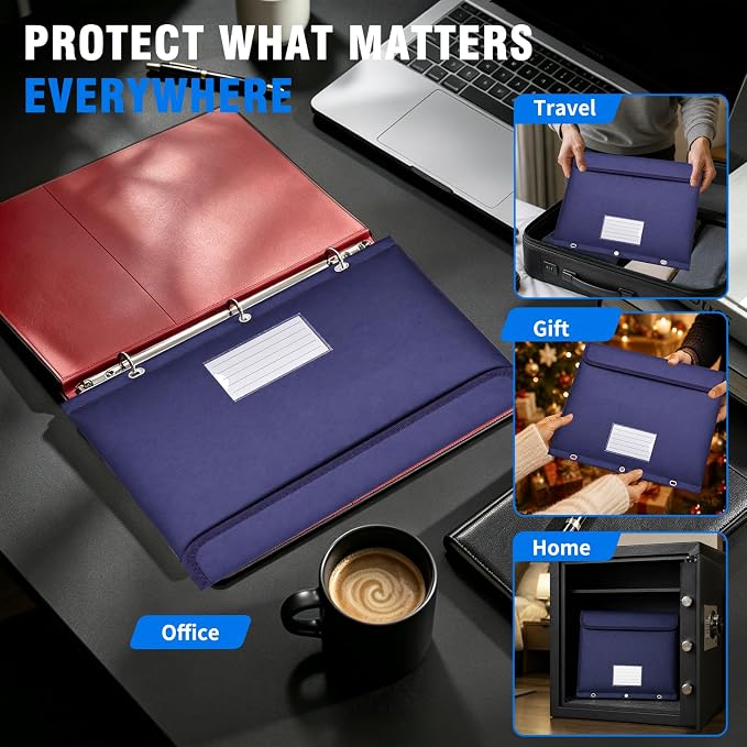 Fireproof 3 Ring Binder Pocket, Document Bag Side Loading, 2 Pack | Water Resistant,Heat Insulated,Hook&Loop Closures,Binder Folders,Safe Storage for Home Office Travel,Letter Size,Blue