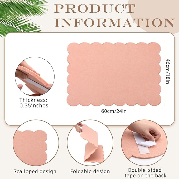 Scalloped Felt Bulletin Board 24 x 18 Inches Foldable Light Pink Pin Cork Board Alternative for Wall, 2' x 1.5' Trifold Picture Vision Self Adhesive Bulletin Decorative