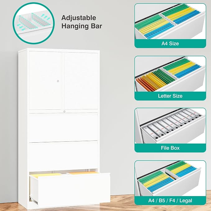 3 Drawer Lateral File Cabinet with Lock and Shelf,White Metal Filling Cabinet with Drawers and Shelf, Locking File Storage Cabinets with Doors and Shelves for Home,Office,Garage,School