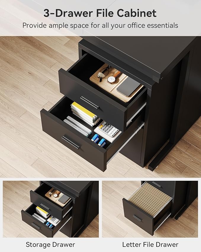 Tribesigns L-Shaped Executive Desk, Large Office Desk with 3-Drawer File Cabinet, Industrial Corner Computer Table with Drawers, Business Workstation for Home Office (Black, 83")