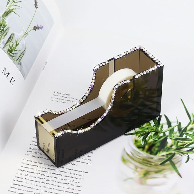 Buqoo Desk Tape Dispenser Acrylic Clear Black Non-Skid Tape Cutter Holder for Desk Supplies Office, Home and School