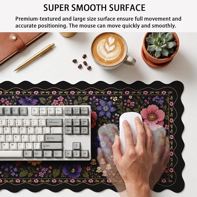 Dark Floral Scalloped Mouse Pad Black Blue Blush Garden Flowers Large Gaming with Stitched Edges,Non-Slip Waterproof Rubber Base Mous Mat Office Computer Keyboard Laptop Home 31.5"x15.7"