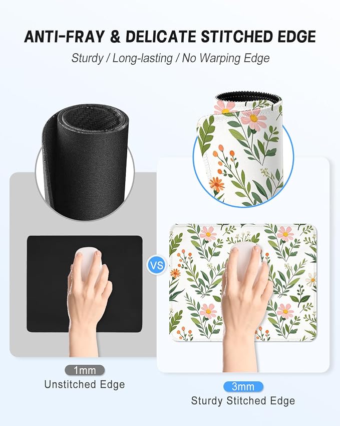 Mouse Pad, Cute Mouse Mat, 10" x 8", Cute Green Leaf -03 | Square Waterproof Gaming Computer Mat, Textured Top, Stitched Edges, Non-Slip Rubber Base for Office Home Laptop Keyboard