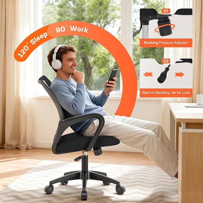 BestOffice | Ergonomic Office Chair | Mid-Back Swivel Desk Chair | Breathable Backrest & Lumbar Support | Adjustable Height | Sponge Seat | Rolling Wheels | Dark Black | for Adults & Women