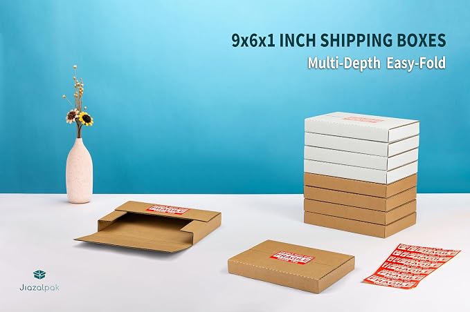9x6x1 Inch Shipping Boxes for DVDs, CDs, Books Mailing, 25 Pack | Multi-Depth, Easy-Fold, Corrugated Cardboard, Includes Fragile Stickers, Brown