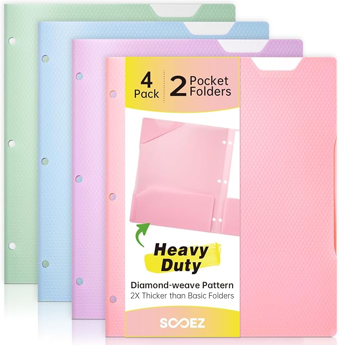 Sooez 4 Pack Plastic Folders with Pockets, Heavy Duty, Fits 3-Ring Binder | Pockets Folder for 3 Ring Binder with Writable Label, Letter Size, Pastels