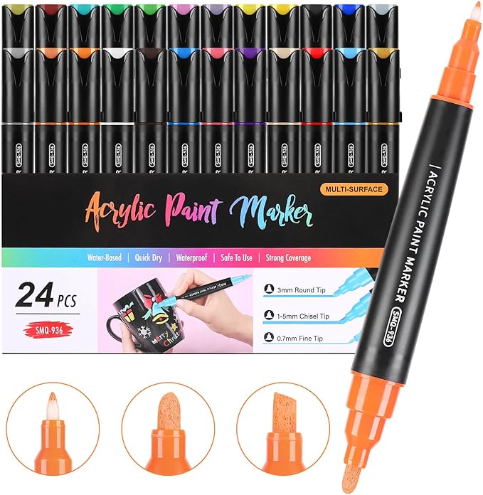 24 Colors Three Tips Acrylic Paint Markers, Fine Medium Chisel Tip Acrylic Paint Pens for Rock Painting, Wood, Canvas, Ceramic, Fabric, Arts and Crafts for Adults