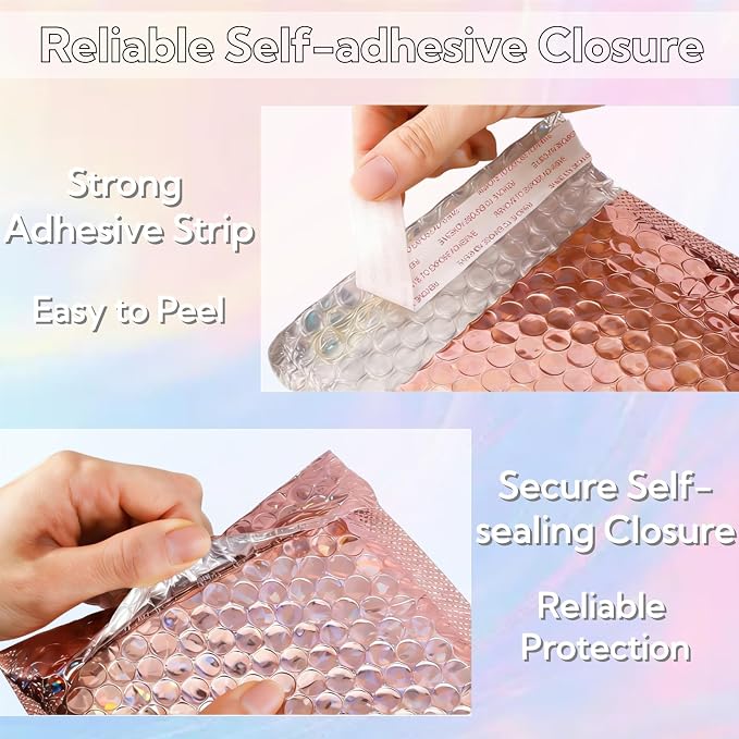 ZAVOOS 60 Pack Holographic Bubble Mailers, 6 x 9.5 Inch | Self Seal Metallic Poly Padded Envelopes, Waterproof Cushioning Shipping Bags for Packing, Mailing, Small Business, 3 Colors