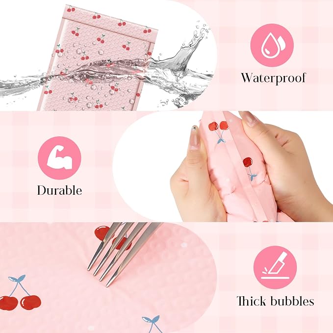 METRONIC Bubble Mailers 8.5x12" 40 Pack Cherry Cute Padded Envelopes Pink | Usable Size 8.5x11 Strong Adhesion Mailing Bubble Envelopes for Small Business Padded Mailers for Shipping Jewelry, Books