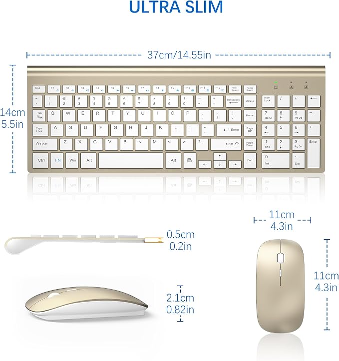 Wireless Keyboard and Mouse Ultra Slim Combo, TopMate - Gold White | 2.4G Silent Compact 2400DPI Mouse and Scissor Switch Keyboard Set with Cover, Batteries Included, for PC/Laptop/Windows/Mac
