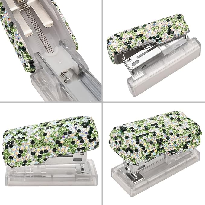 Bling Rhinestone Stapler, Sparkly Diamond Staplers, Cute Desk Stapler for Women & Girls, Bling Crystal Machine Pretty Office Stationery Kit (Green with AB Color Plated, Small)