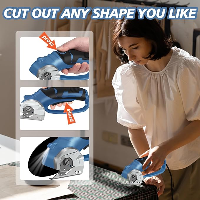 Cordless Electric Scissors, 4V Rechargeable Box Cutter & Cardboard Cutter with LED Light, Safety Lock - Rotary Cutter for Fabric, Leather, Plastic, Crafting, Sewing with Storage Box(Slate Blue)