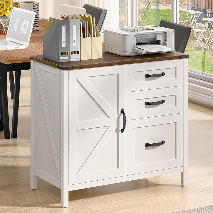 Befrases Farmhouse Lateral Filing Cabinet, Lateral File Cabinet with 3 Drawers and Storage Cabinet, Wooden Printer Stand with File Drawer for Letter/A4 Size Hanging File for Home Office, Rustic White