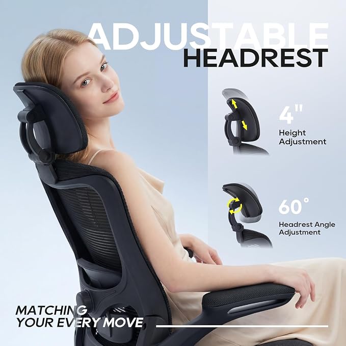 Ergonomic Office Chair for Long Hours, Adjustable Padded Lumbar Support for Lower Back Relief, 330 lb Capacity, Comfortable Computer Desk Chair for Home Office, Work & Study