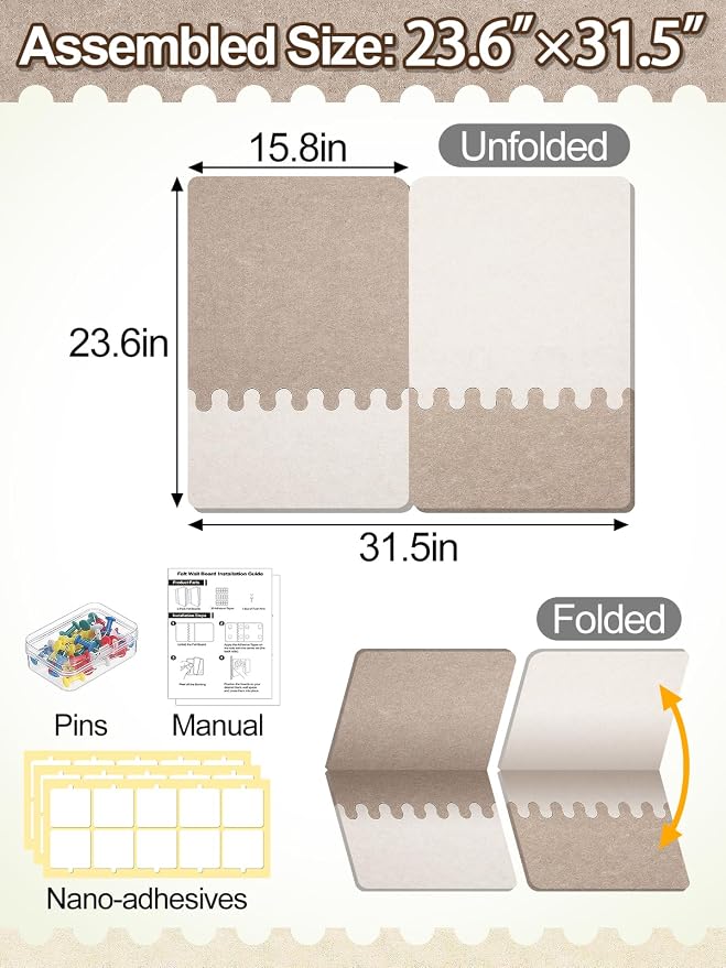 2Pcs Thickened Felt Bulletin Board for Home Office Wall Decor, 23.6x15.8in | Create a Comfy, Personalized Office, 2-Tone Vision Pin Board with Pins & Nano Tapes, Cork Boards Alternative, Camel Mix