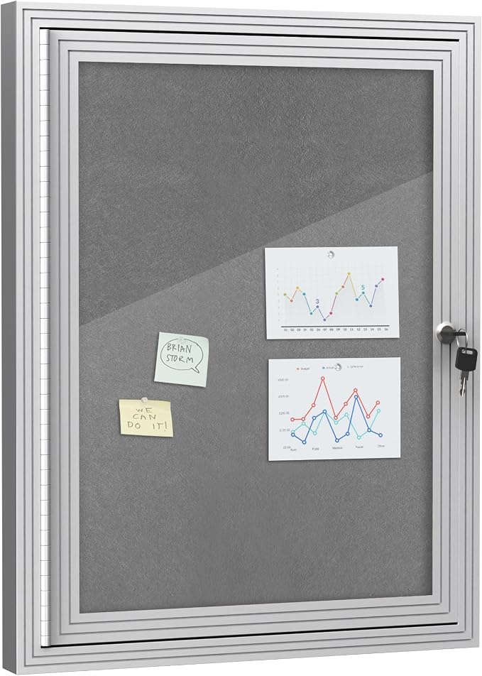 Mifuro 26"x20" Enclosed Bulletin Board, Outdoor Lockable Weather-Resistant Aluminum Cork Noticeboard for School & Office, Silver Frame w/Grey Flet