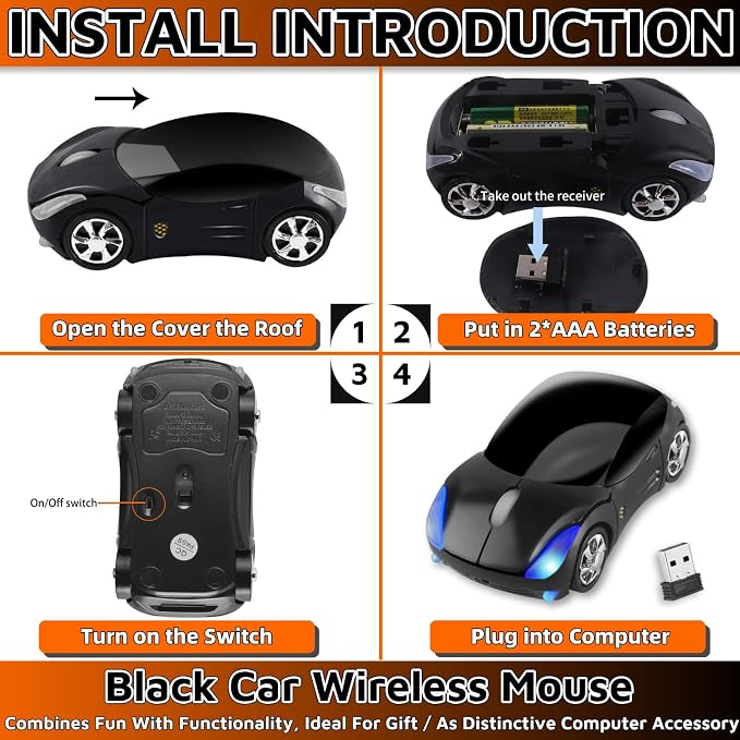 HuGuWdy Black Car Mouse，2.4G with USB Reciver 1600DPI Computer Mice Wireless for Computer Cute Wireless Mouse for Laptop Computer Tablet for Windows for Mac OS for Christmas（Black）