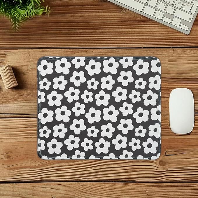 Mouse Pad for Desk with Stitched Edge, Premium Cute Washable Mouse Pads. Computer Mousepad with Non-Slip Rubber Base, Mousepads for Laptop, 9.25x7.75x0.12 inch (White Flowers)