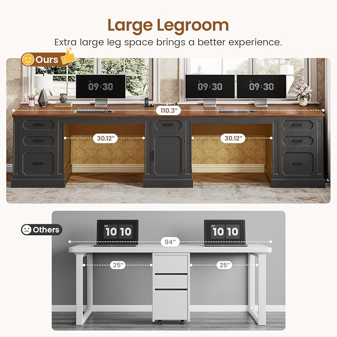 SEDETA Farmhouse 110.3" Two Person Desk with 7 Drawers, Long Computer Desk with Storage Cabinet, 2 Person Desk with Power Outlets for Home Office, Black+Brown