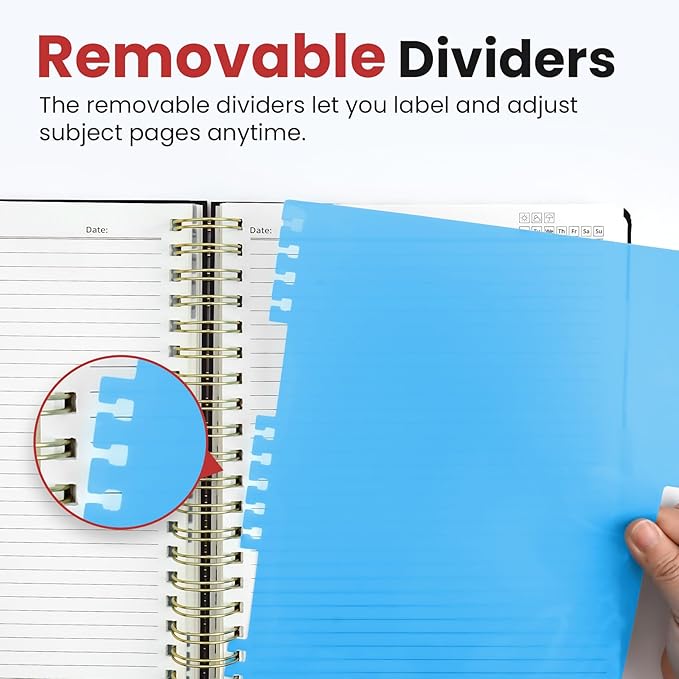 Hardcover Spiral Journal Notebooks for Work With Removable Dividers & Tabs, 8.5"x11" 5 Subject Notebook for Note Taking & Organizer, A4 College Ruled Lined Journal for Women & Writing, Black, 280 Pages