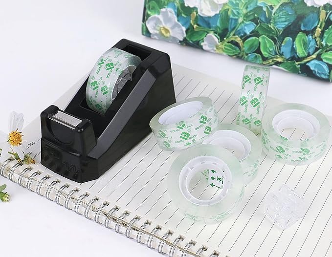 BOMEI PACK Tape Dispensers Desk, 1 Pack Black with 6Rolls Transparent Tape Refills, 1 Inch Core, for Gift Wrapping, School, Office and Home