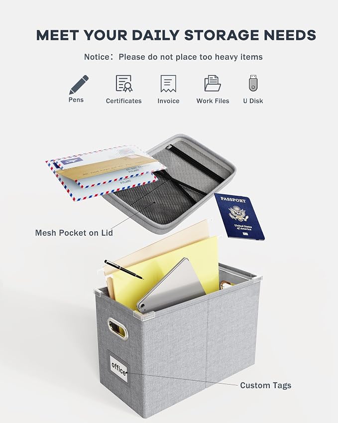 Hanging Filing File Box with Mesh Pocket, File Organizer Box with Lid, Collapsible Document Organizer Box for Letter Size, Easy Slide Durable Storage Box for Office/Decor/Home (2 PCS, Grey)