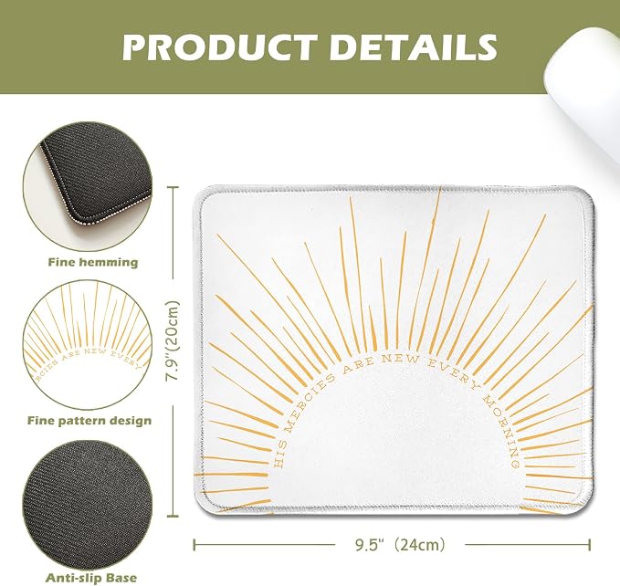 Modern Boho Sun Christian Mouse Pad 9.5x7.9in, Christian Desk Decor | His Mercies Are New Every Morning Bible Verse Religious Mousepad Mouse Mat for Home Office Dorm Computer Laptop Accessories