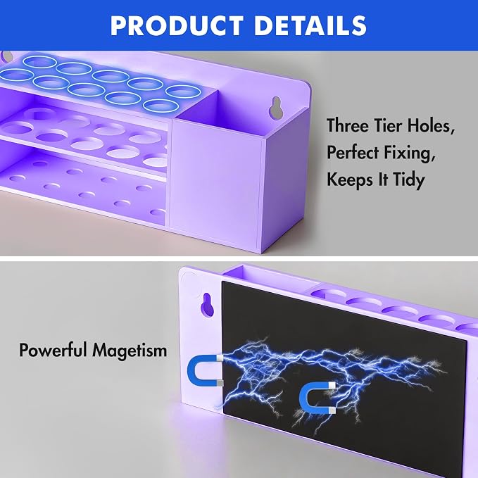 Wall Mounted Magnetic Dry Erase Marker Holder for White Board | Acylic Strong Magnet Pen Holder for Fridge&Refrigerator, Pencil Holder for Classroom, Office, Locker Organizer-Purple