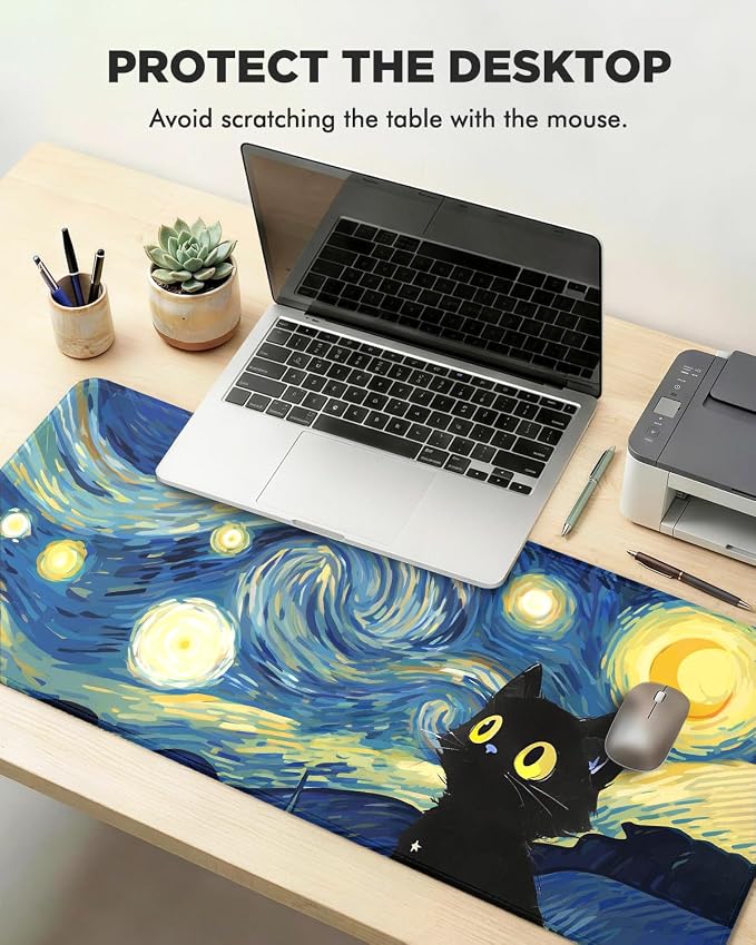 Mouse Pad, Desk Mat, 31.5x11.8in Large Mousepad | Desk Pad with Stitched Edge & Rubber Non-Slip Bottom, Gaming Mouse Pad, Mousepad for Home, Office, Blue Starry Sky Cat