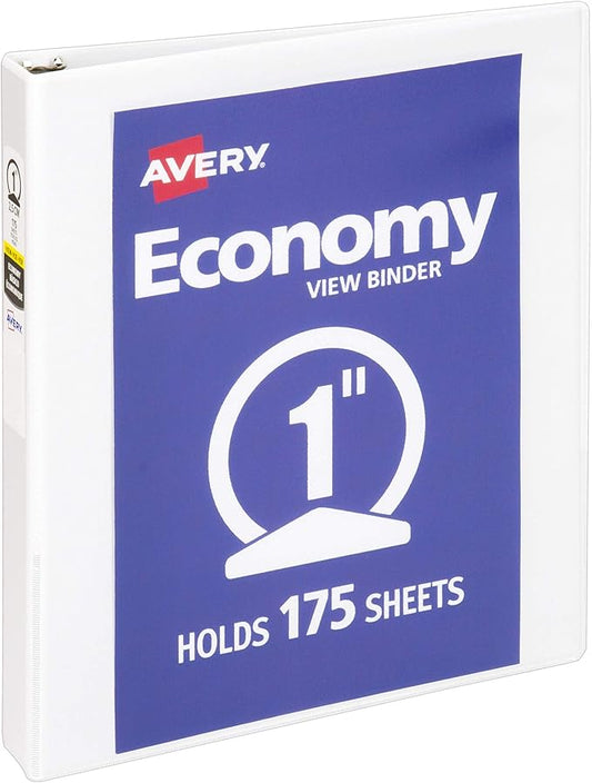 Avery Standard View 3 Ring Binder, 1" Round Rings, 175-Sheet Capacity, 1.4 Inch Wide Spine, 1 White Binder, Ideal for Lightweight Organization and Occasional Referencing (05711)