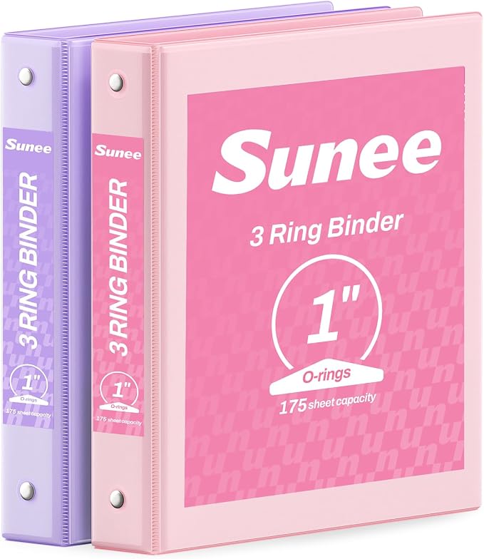 SUNEE 3 Ring Binder 1 Inch 2 Pack, Clear View Binder Three Ring PVC-Free (Fit 8.5x11 Inches) for School or Office Supplies, Pink & Purple
