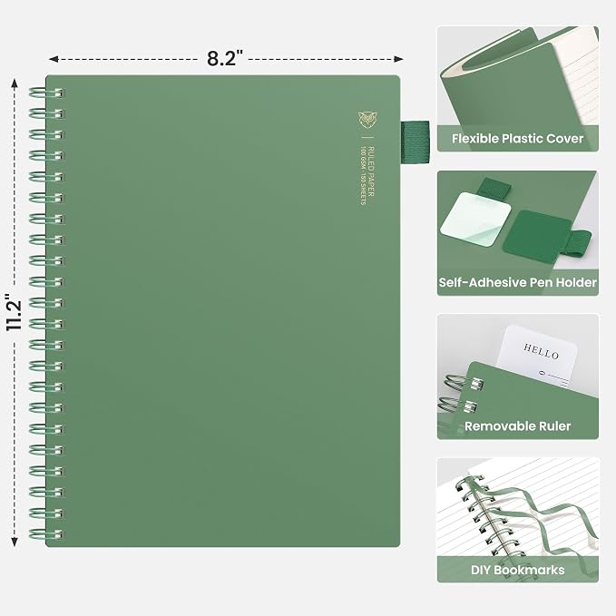 EMSHOI Lined Spiral Journal Notebook, 300 Pages, A4 Size (8.2'' x 11.2'') | College Ruled, 100 GSM Perforated Thick Paper, Flexible Plastic Cover, for School, Writing, Work & Journaling (Dark Green)
