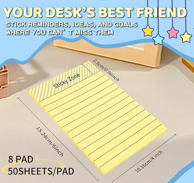 400 Sheet Lined Sticky Notes,4x6in Large Post,Clean Remove for School,Home | Smooth Writing,No ink bleed-through,8 Pads Light Yellow Self-Stick Notes Pad for Office,50 Sheets/Pad, Back to School