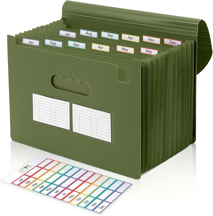 SKYDUE Accordion File Organizer, Expanding File Folder with 13 Pockets, Portable Document Paper Bill Receipt Organizer, Home School Office Supplies, Letter A4 Size OliveGreen