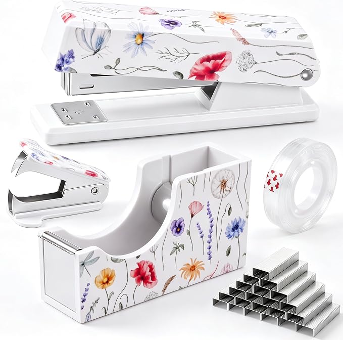 Eaasty Floral Stapler and Tape Dispenser Set for Women, Wildflower | Cute Office Supplies Set with 2 Tape Rolls, Staple Remover and 1000pcs 24/6 Staples, Teacher Desk Accessories for Women