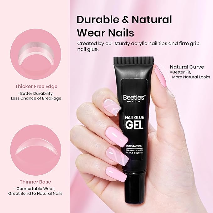 Beetles Gel Nail Kit Short Square with Nail Dehydrator and Primer, 576Pcs Half Matte Etch-X Gel Tips Solid Glue Mini Lamp Acrylic Tips Easy DIY Extension Set Gift for Women