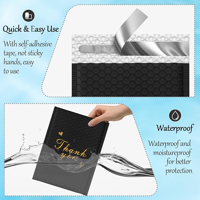 Thank You Bubble Mailers 8.5x12'' 25 Pack, Self Sealing Padded Envelopes, Strong Adhesion Bubble Envelopes, Waterproof Mailing Envelopes, Cushioning Shipping Envelopes - Black