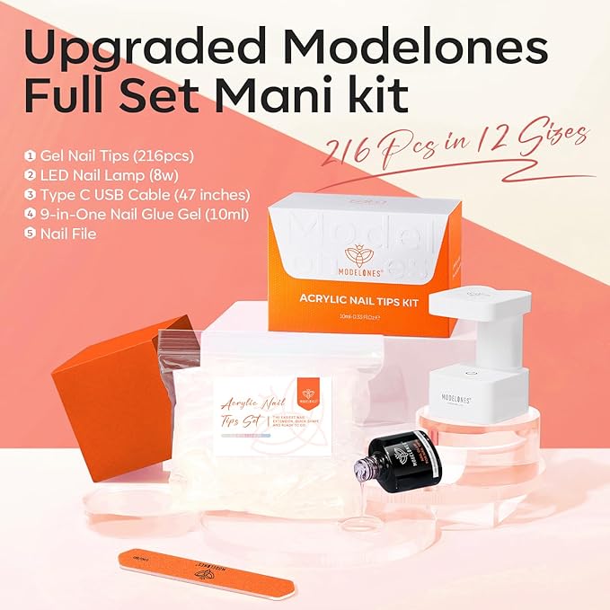 modelones X Nail Gel Kit Kit Medium Oval, 9-in-One Nail Glue with Portable U V Lamp 216Pcs 12Sizes Pre-Etched Round Press ons Fake Acrylic Extension Kit DIY Salon Gift for Women