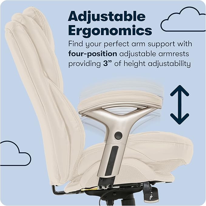 Serta Claremont Executive Office Chair with Back-In-Motion Technology, Ergonomic Mid-Back with Pivot Lumbar Support and Seat, Plush Cushion, Body Pillows, Adjustable Arms, Bonded Leather, Ivory White