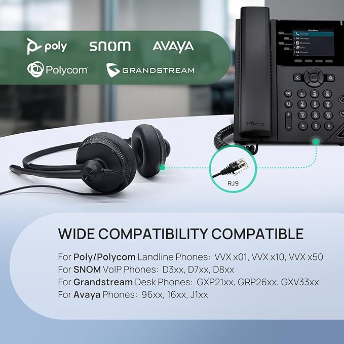 Yealink Phone Headsets for Office Phones YHS34 QD to RJ9 Wired Headset | Leather ear pads,Compatible with Poly Snom Phones Desk Landline Headset with Microphone -Dual/129g/2.1m Cable