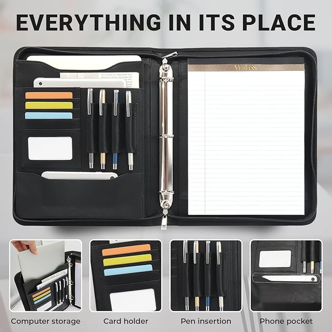Faux Leather Zippered Padfolio with 3 Ring Binder, Executive Portfolio Organizer Binder, Fits 13.9" Laptop/Tablet, Refillable Writing Pad Pocket, Black